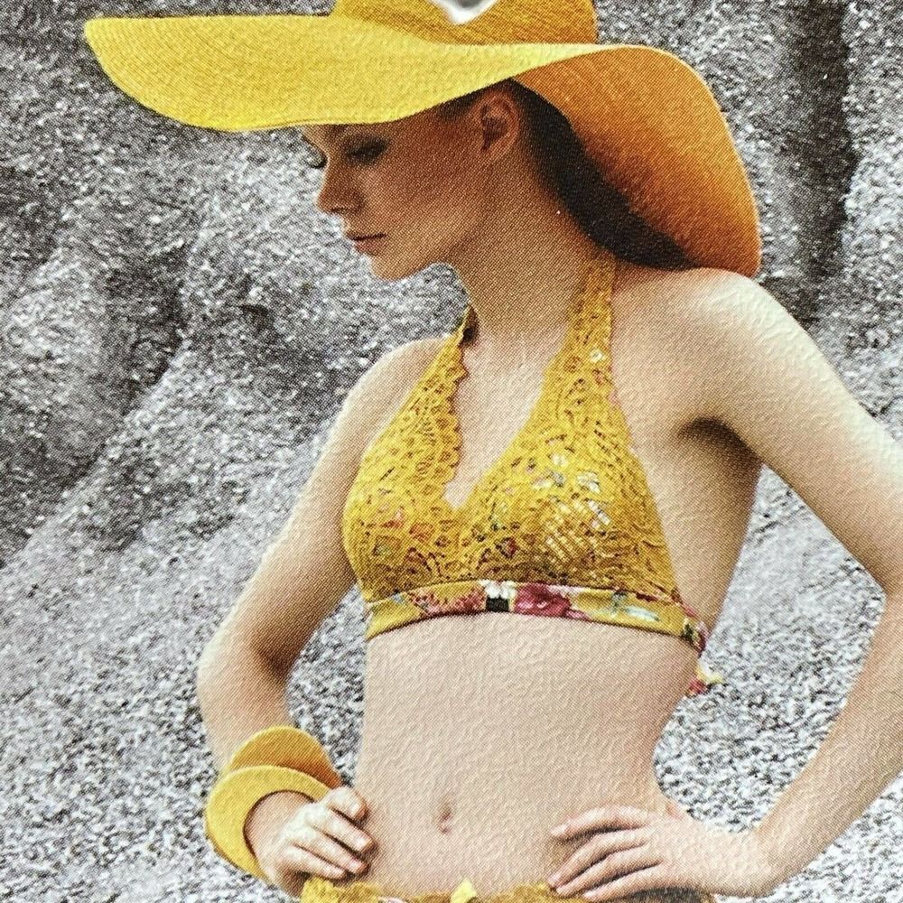 NWT AnneBra Lace Cruise Swim Top L Mustard Yellow floral Lace Overlay